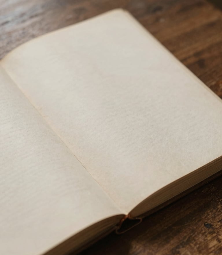 archival documentary photography of a vintage open manuscript on a wooden table, soft natural library light, sepia tones, 35mm