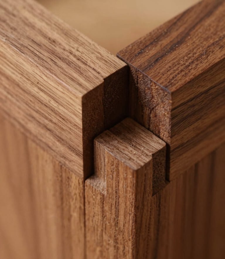 Macro detail shot of interlocking mortise and tenon joint in seasoned walnut wood, warm tactile photography, natural workshop side-lighting, rich organic wood tones, sharp details, shallow depth of field