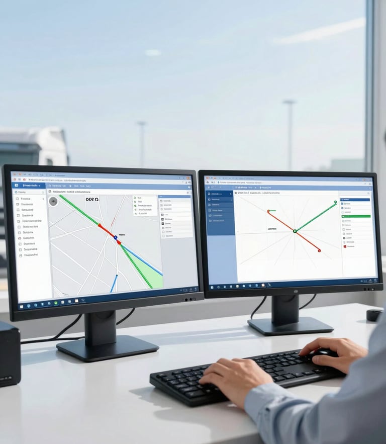Close-up of a professional truck dispatcher working at a clean desk with dual monitors showing route logistics, bright natural daylight, clean blue tones