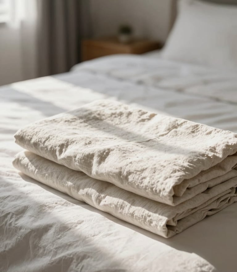 A sunlit, minimalist Airbnb bedroom featuring crisp linen folds on a made bed, bright diffused natural daylight, shallow depth of field