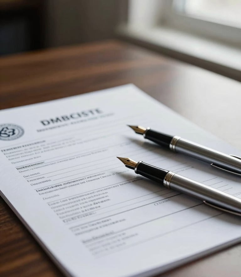 A close-up of official immigration documents and a classic fountain pen on a dark walnut desk, soft window light, shallow depth of field, 35mm