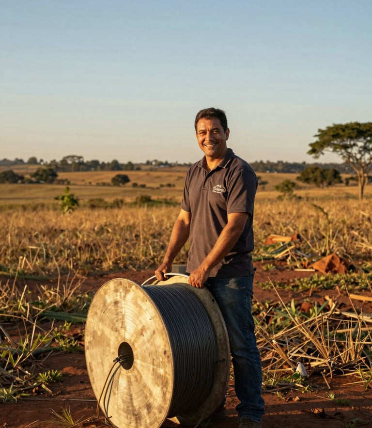 A friendly local technician smiling naturally, holding a fiber optic cable spool, warm golden-hour sunlight in Bela Vista, Mato Grosso do Sul, wide environmental framing, 35mm