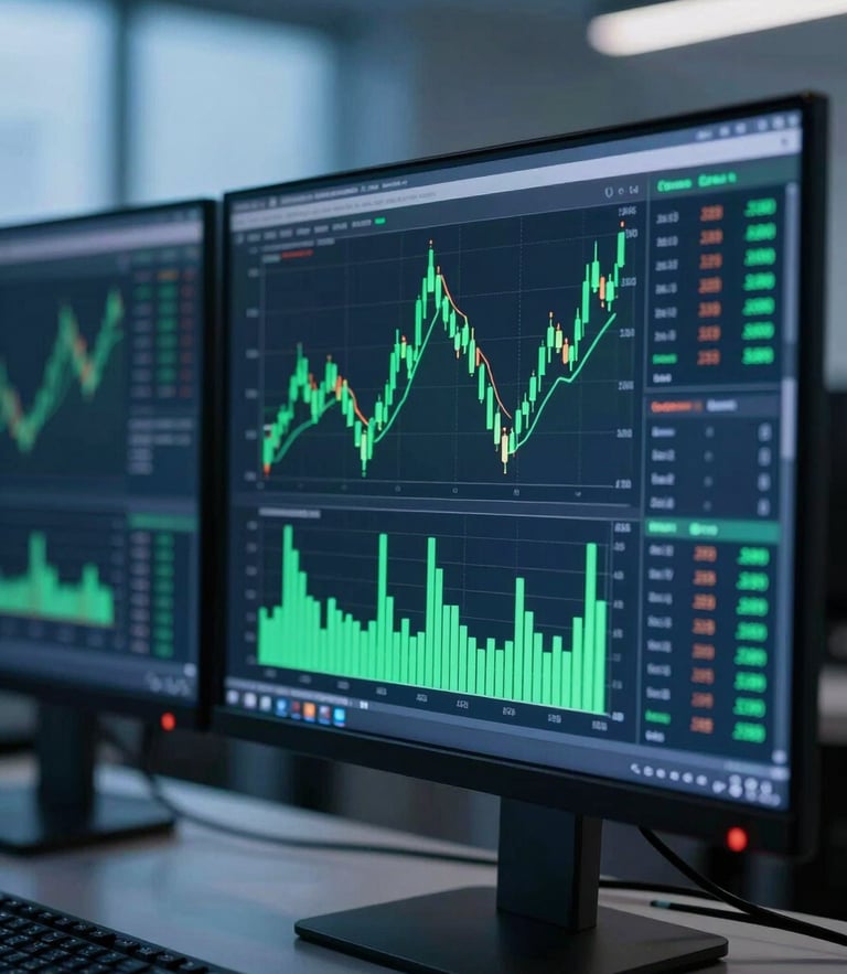 Macro crop of dual-monitor financial data visualization with glowing green charts under cool blue-hour office light, sharp focus