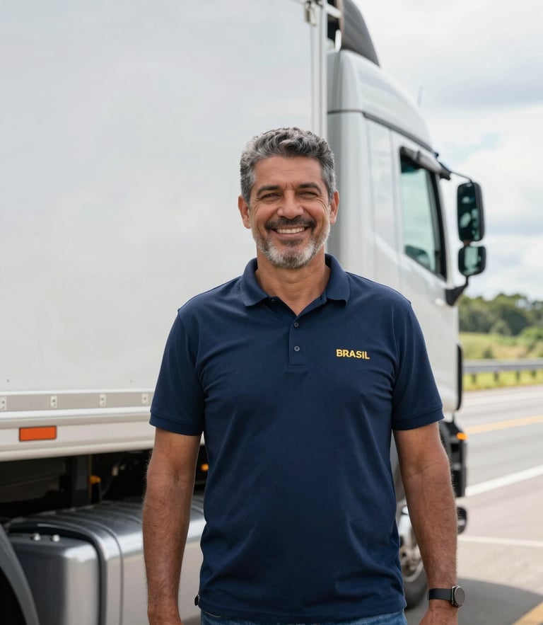 Dignified portrait of a professional Brazilian male truck driver in his 40s, smiling warmly, standing next to a modern clean cargo truck cabin, bright natural daylight, highway background.