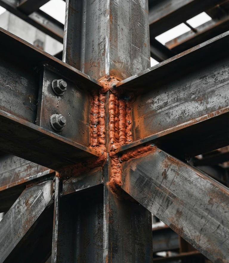 Extreme close-up of a heavy structural steel joint, thick orange welds, desaturated steel plates, dramatic overcast daylight, sharp focus, 35mm