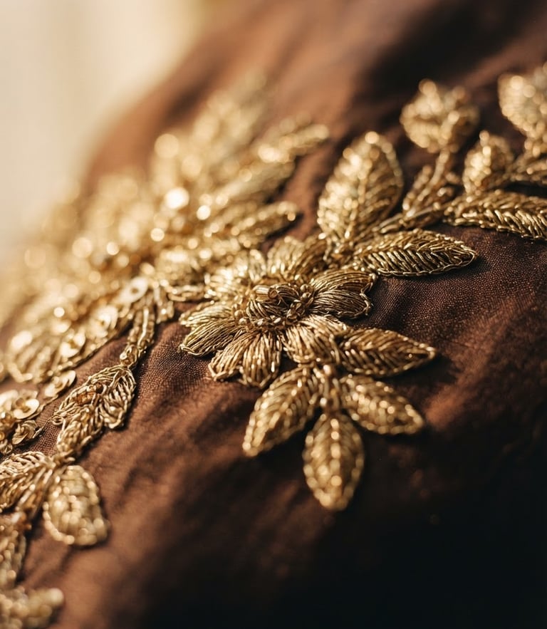 Extreme close-up of delicate gold embroidery on rich espresso silk, warm golden-hour window light, shallow depth of field, 35mm film.