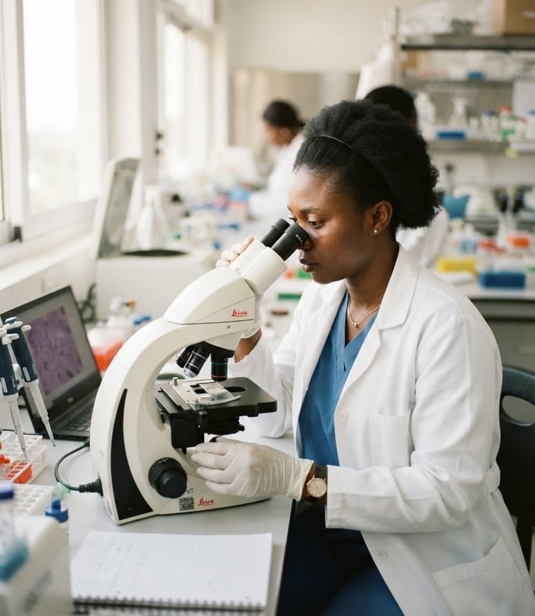 A professional African clinical researcher in a bright, modern laboratory setting, adjusting a microscope, soft natural daylight, 35mm