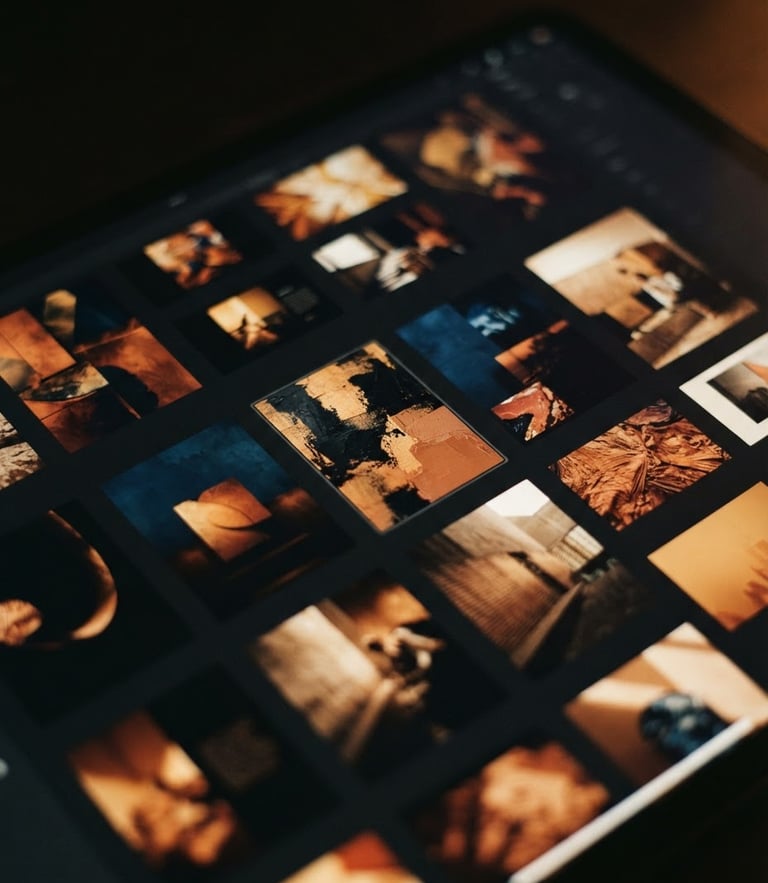 Close-up of a digital design interface, displaying a high-contrast thumbnail layout under warm low-key ambient lighting, 35mm style