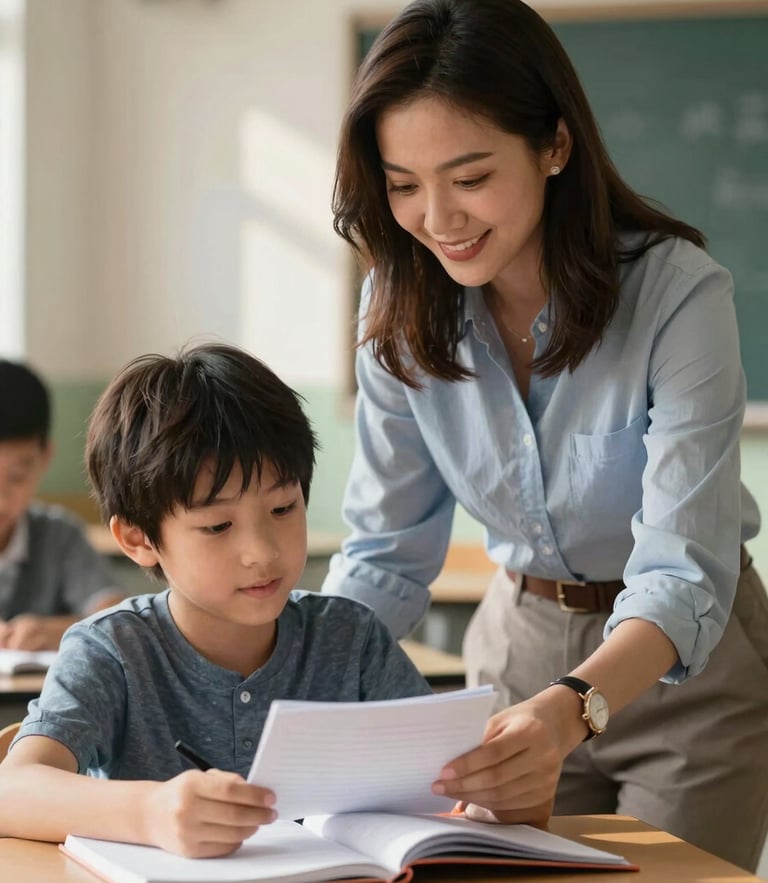 Medium shot of a specialized female educator in a warm, sunlit classroom guiding a young boy with his notebook, both smiling naturally, soft afternoon light