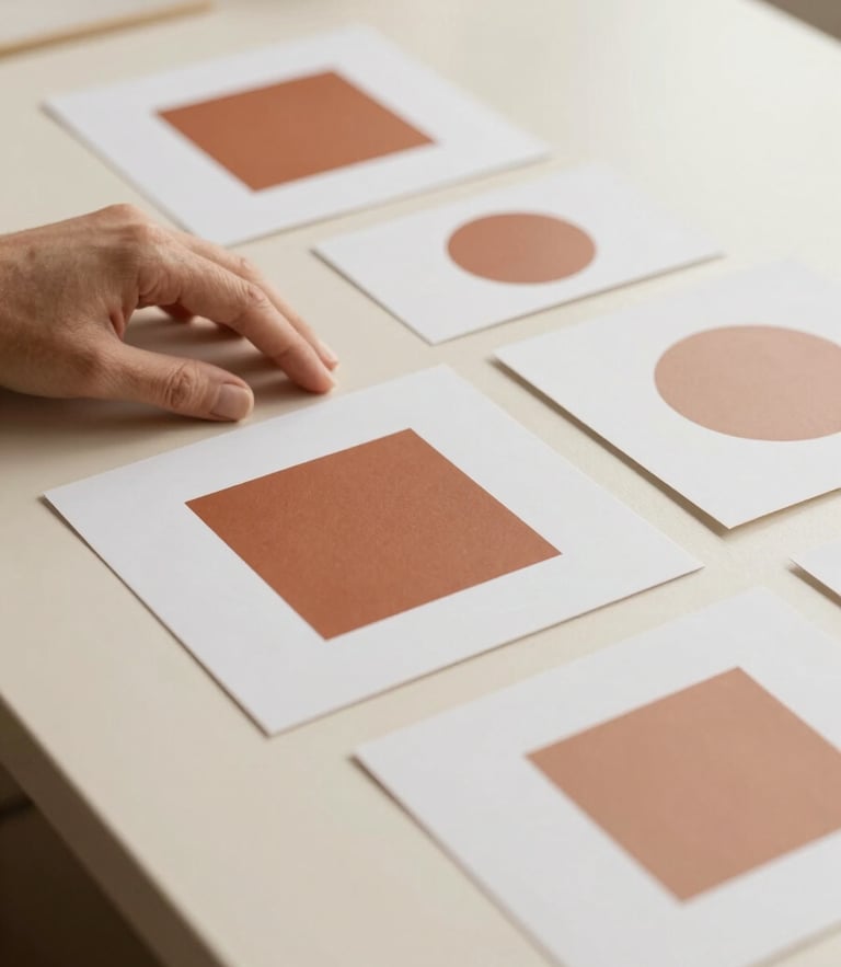 A close-up of a designer's hand arranging minimalist brand layout prints on a warm cream-colored table, soft natural morning light, editorial style