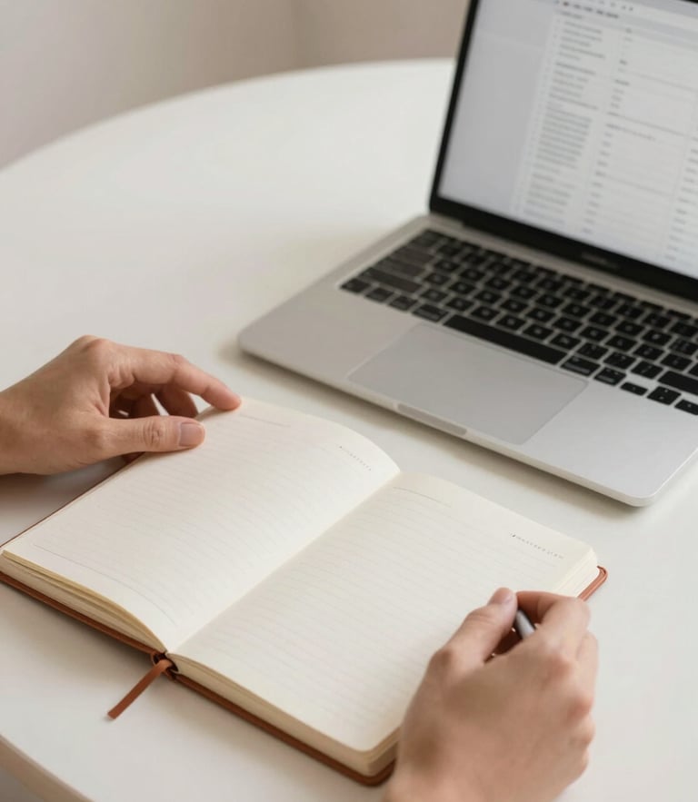 Warm editorial photography of a minimalist workspace. Hands organizing a linen planner next to a sleek laptop displaying clean design grids. Soft diffused natural daylight, cream and terracotta tones, clean minimalist composition, 35mm lens.