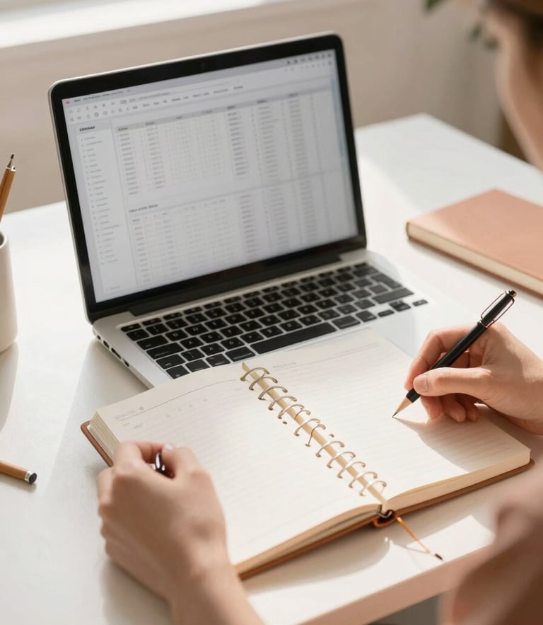 A bright, clean creative workspace with a laptop showing a clean design grid, hands organizing a physical planner, warm natural morning light, minimalist composition, 35mm lens.