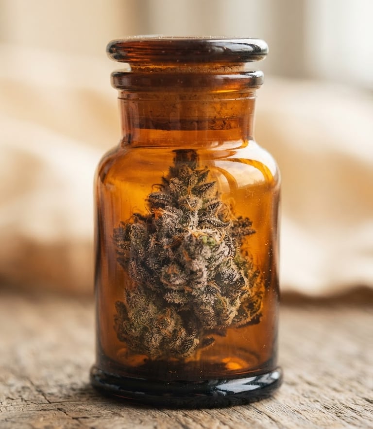 Macro close-up of a pristine, trichome-rich cannabis flower bud in an elegant amber glass jar, soft natural window light, warm cream background, 35mm photography