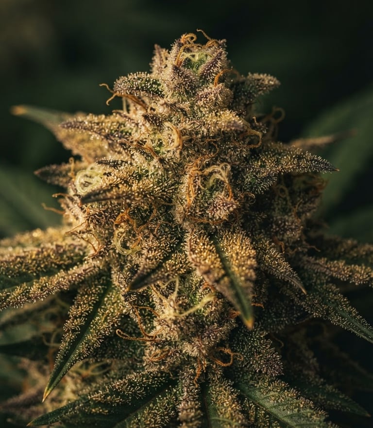 Macro photograph of a single pristine cannabis bud, rich in golden trichomes, glowing under soft natural window light, elegant dark green background, 35mm