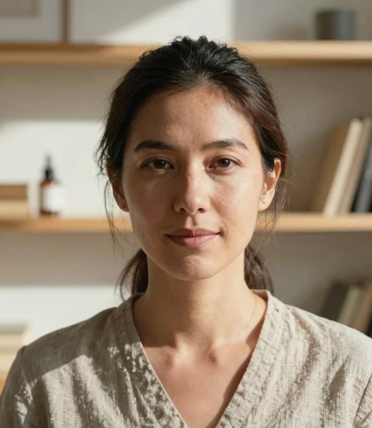 Close-up portrait of a warm, professional female art therapist in her late 30s, natural daylight, sunlit minimalist atelier background with textured linen and wooden shelves, soft focus.
