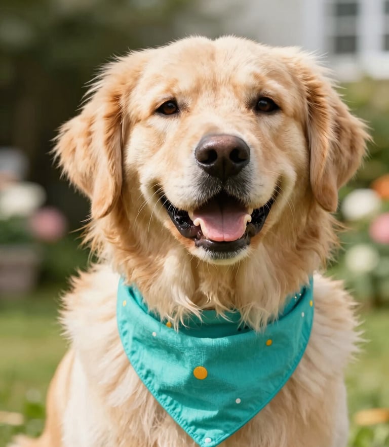 Eye-level warm portrait of a happy golden retriever wearing a colorful custom teal bandana, bright natural daylight, soft focus garden background