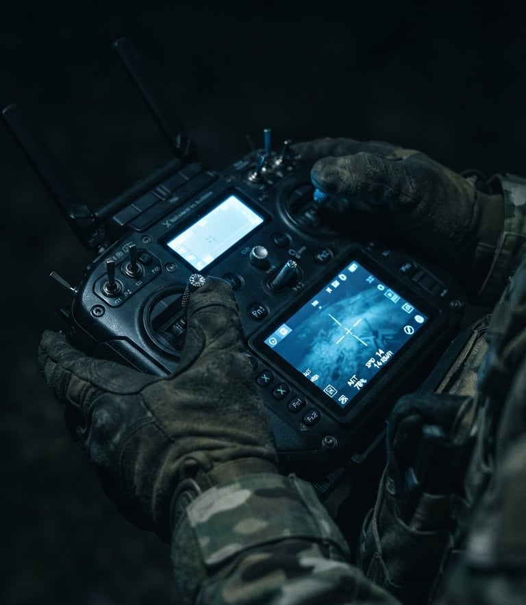 Close-up of hands holding a tactical drone controller, cool blue screen glow reflecting on fingers, high-tech military hardware, deep shadows, moody lighting