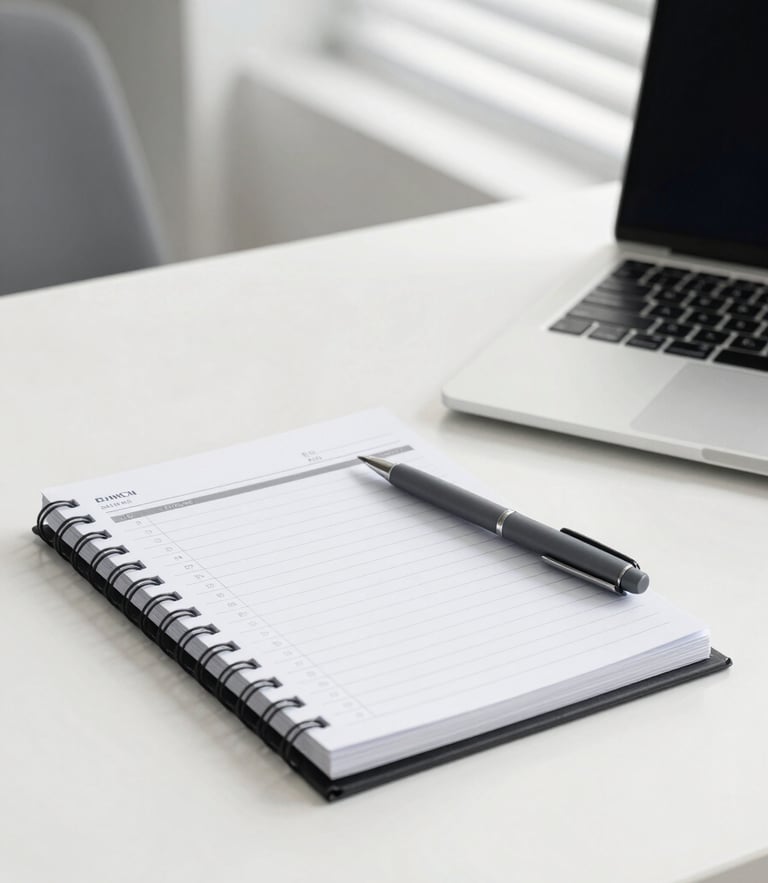 A bright, clean corporate office desk with a structured planner, slate gray pen, and laptop, illuminated by neutral daylight with architectural lines in the background.