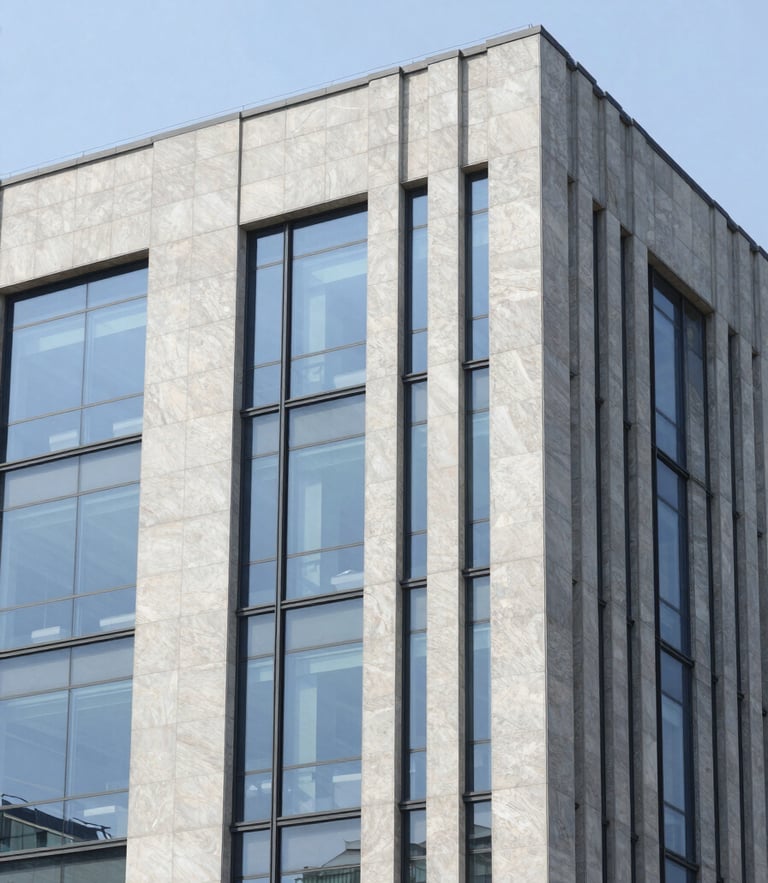 Clean corporate office building facade with sharp architectural lines, bright daylight, reflecting a high-trust professional atmosphere.