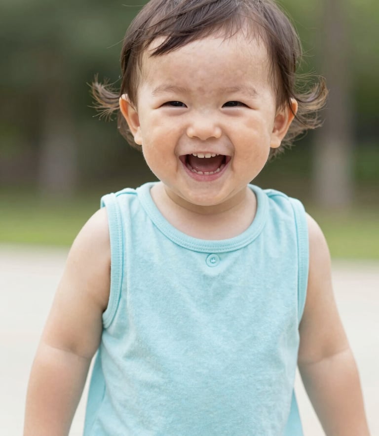 Bright candid portrait of a happy toddler laughing in a soft pastel blue cotton romper, natural outdoor daylight, 35mm