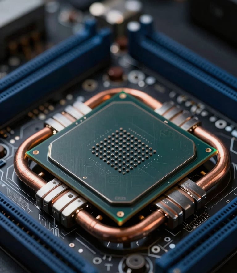 Macro close-up of a high-performance CPU socket on a dark motherboard, copper heat pipes, cool-toned studio lighting with subtle green ambient glow, sharp focus.