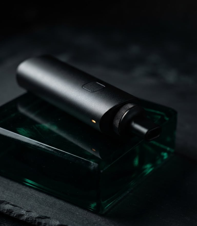 Close-up of a sleek matte-black vaporizer resting on a dark emerald glass block, dramatic side-lighting, macro lens, shallow depth of field