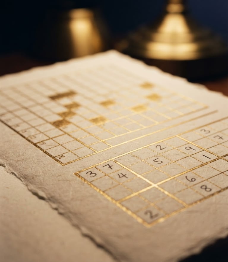 Macro photograph of a heavy, cream-colored cotton paper page with gold-embossed puzzle grids, warm brass lamp lighting, shallow depth of field.