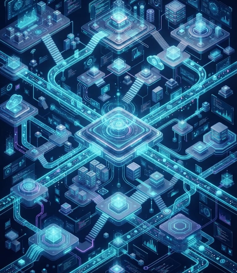Isometric 3D render of glowing holographic software architecture pipelines, deep midnight blue background, electric cyan accents, octane render