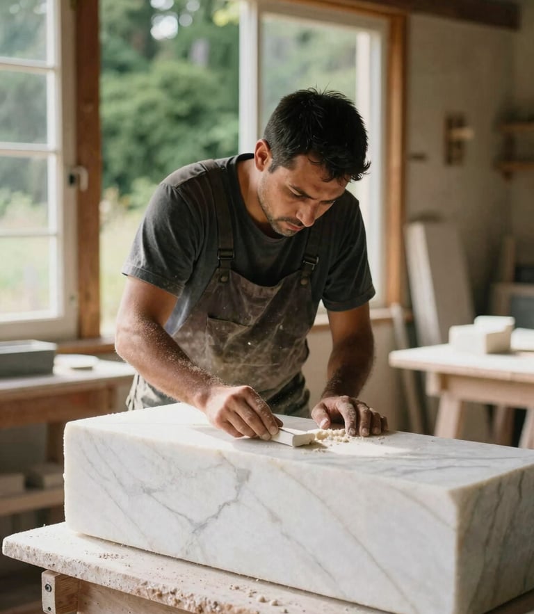 A master mason hand-polishing a heavy white marble block in a dusty Patagonian workshop, warm golden light filtering through a window, 35mm editorial photography
