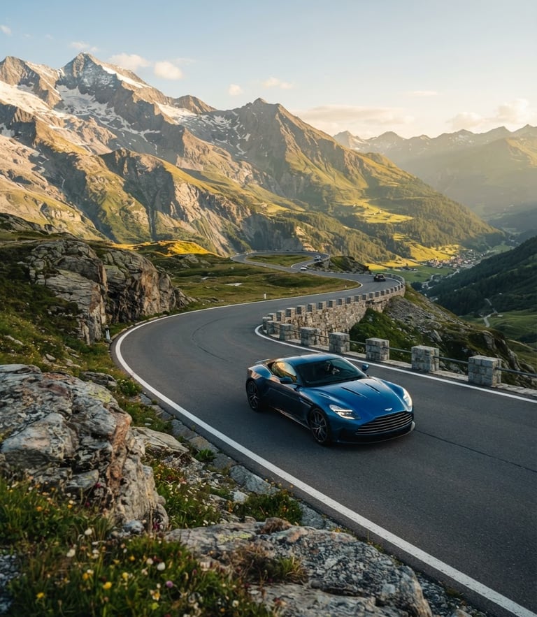 A modern luxury touring car driving through a winding mountain pass in the Alps, bright natural golden-hour sunlight, cinematic wide-angle 35mm photography