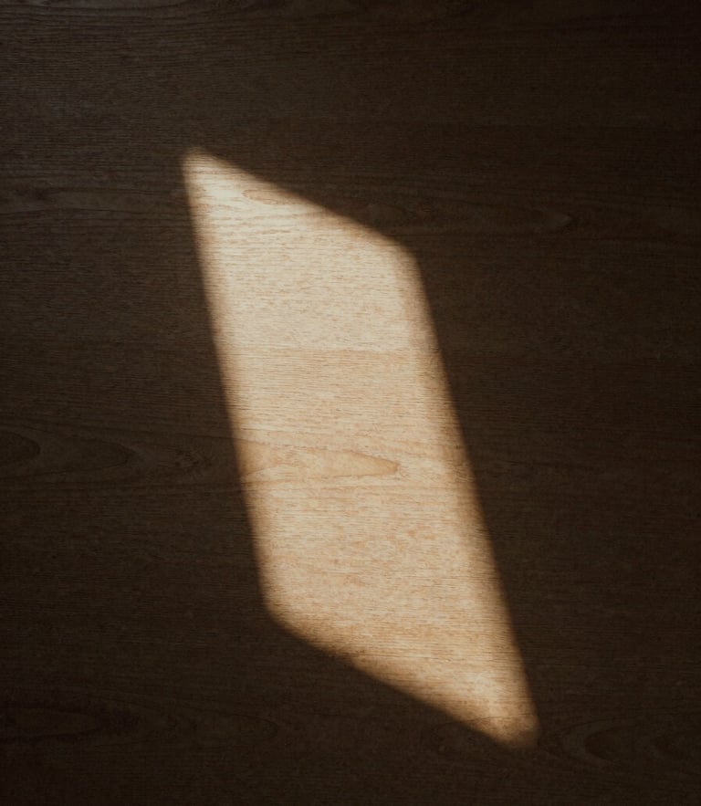 Abstract macro crop of natural sunlight reflecting on a dark textured oak surface, deep quiet shadows, warm bronze tones, medium format film.