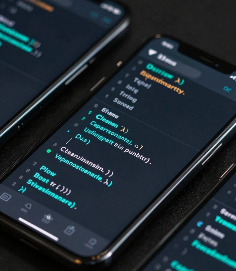 Sleek dark-mode tech photography, glowing neon cyan accents, high-contrast mobile device close-ups showing code rendering on screen, sharp focus, 35mm