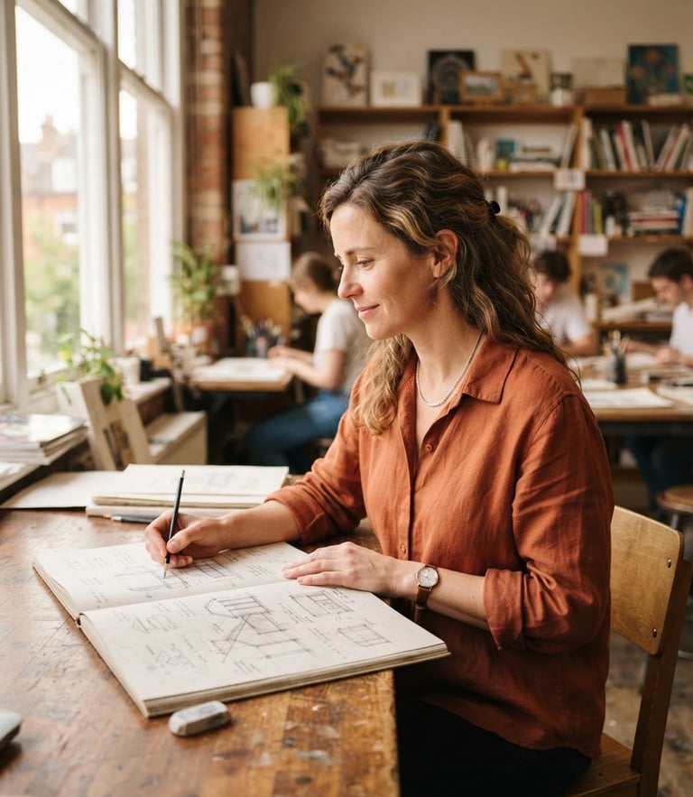A bright environmental portrait of an adult student sketching a design in a sunlit classroom, warm organic tones, shallow depth of field