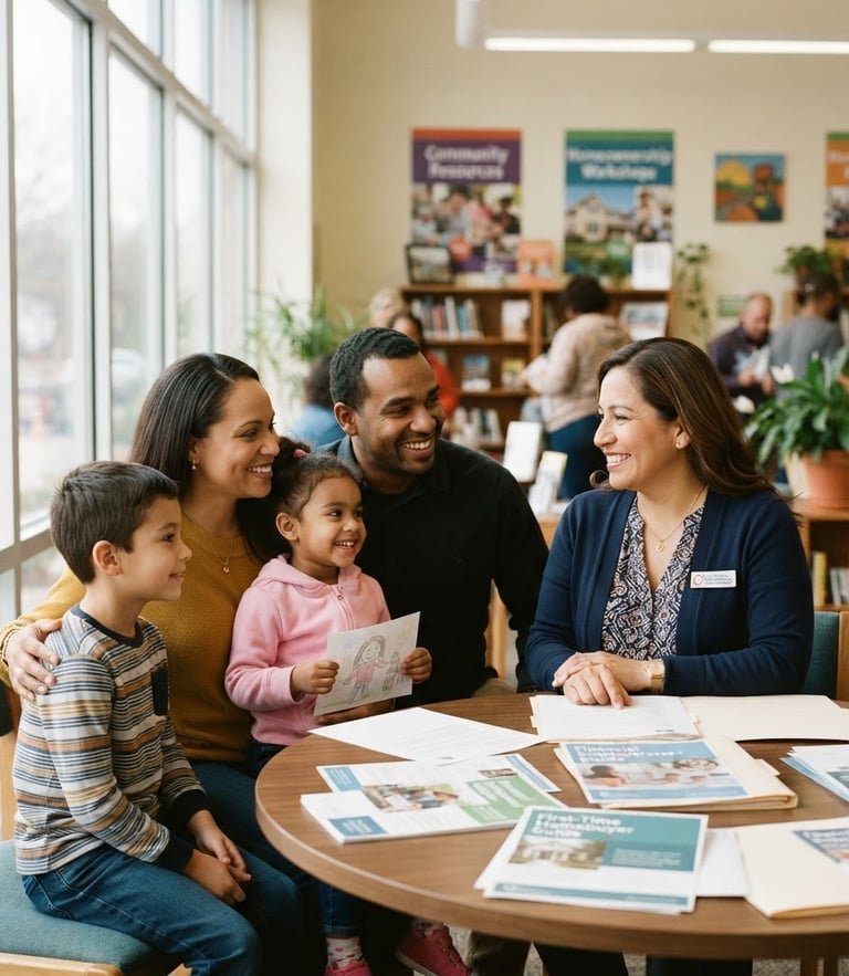A warm, eye-level portrait of an Ohio housing counselor smiling next to a family in a sunlit community room, soft natural window light, 35mm.