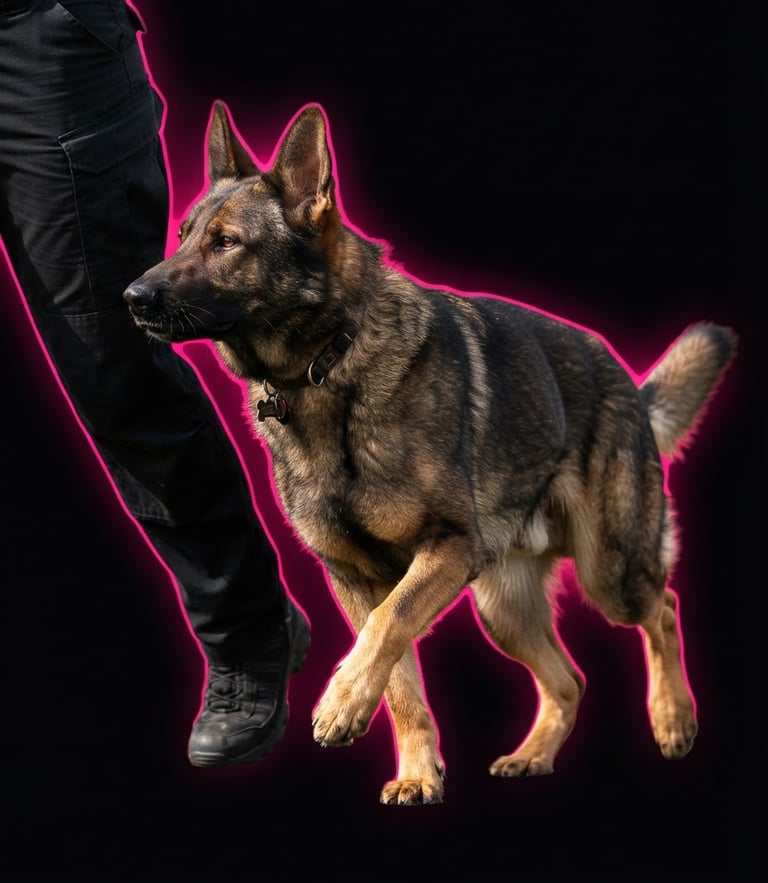Sharp action photography of a focused German Shepherd in a perfect heel position, high-contrast natural daylight, deep black background with a vibrant hot pink light rim, dramatic depth of field.