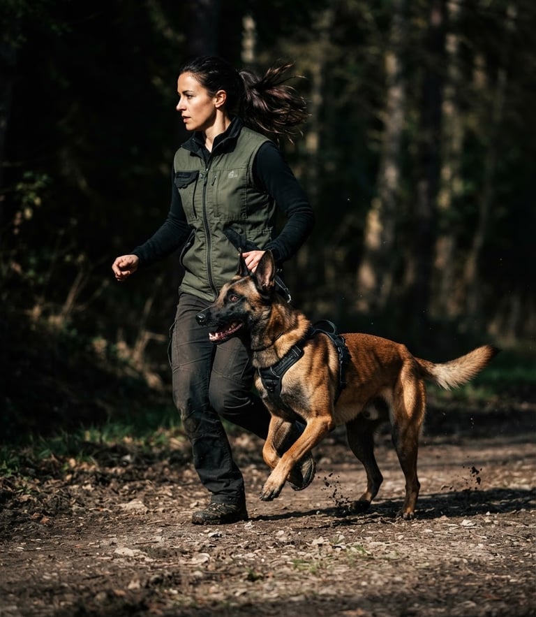 A powerful, focused Belgian Malinois in a perfect heel position next to its trainer, high-contrast natural light, dramatic shadows, athletic intensity.