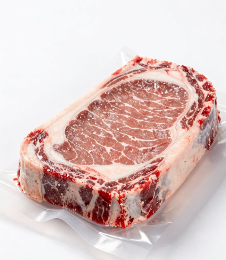 Crisp commercial food photography, vacuum-sealed premium raw beef ribeye on a sterile white surface, bright high-key studio lighting, sharp focus, 50mm lens.