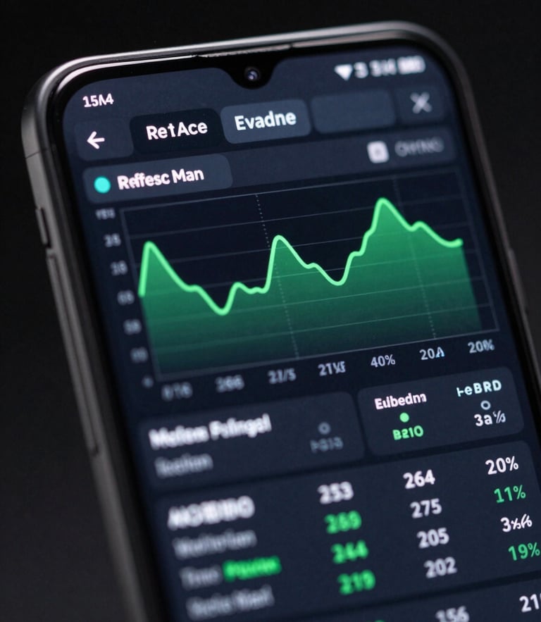 Macro shot of a high-refresh-rate Android screen displaying a complex fintech dashboard with real-time green charts and clean monospaced typography, dark studio lighting.