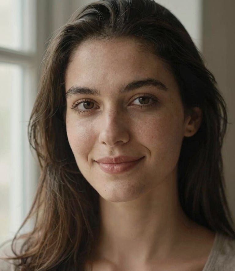 Warm portrait of Thaís looking directly at the camera with a gentle smile, soft natural window light, muted earthy tones, shallow depth of field, 35mm