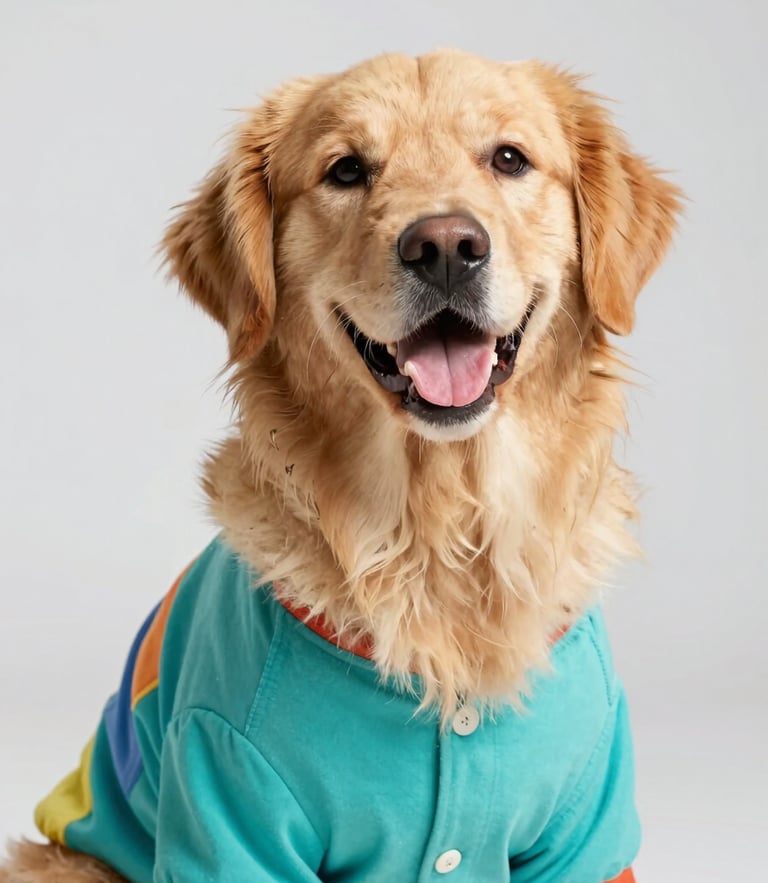 Vibrant studio portrait of a happy golden retriever wearing a colorful handmade turquoise shirt, eye-level, bright soft lighting, plain light grey background.