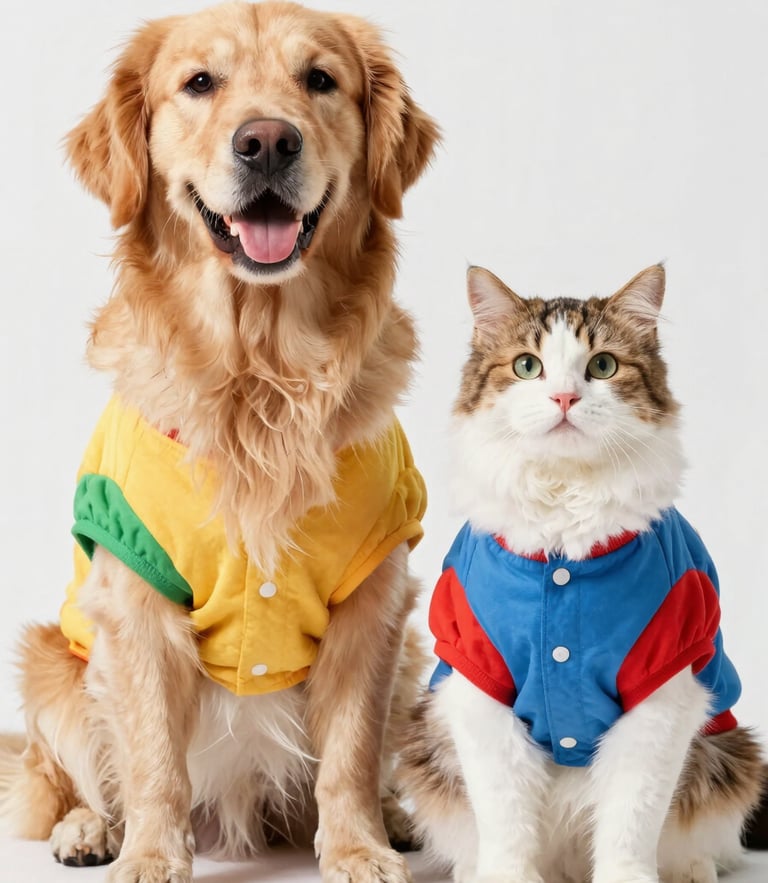 A cheerful golden retriever and a fluffy calico cat sitting side by side, wearing colorful matching custom-made shirts, bright natural studio lighting, joyful mood, 50mm