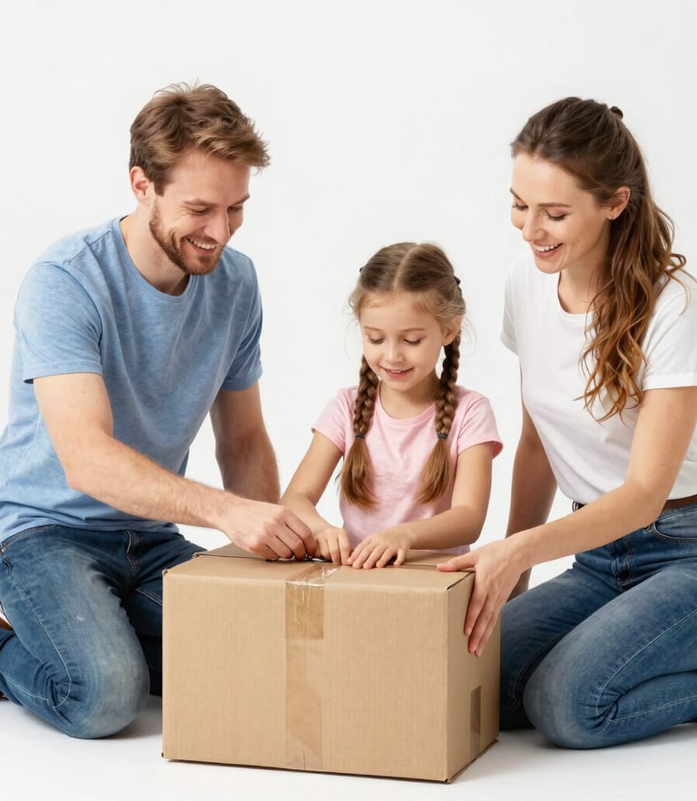 Bright high-key product photography of a happy Lithuanian family unboxing a practical household package, clean white background, crisp studio lighting, sharp focus, vibrant natural colors