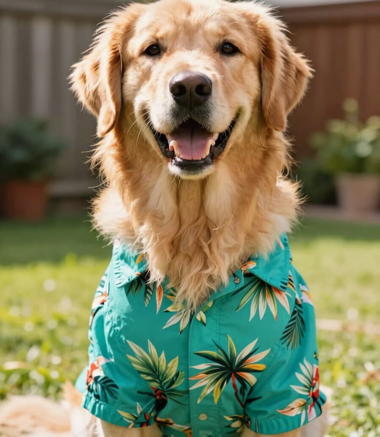 A happy golden retriever wearing a vibrant teal tropical shirt, sitting proudly in a sun-drenched backyard, eye-level portrait, cheerful warm tones, 35mm