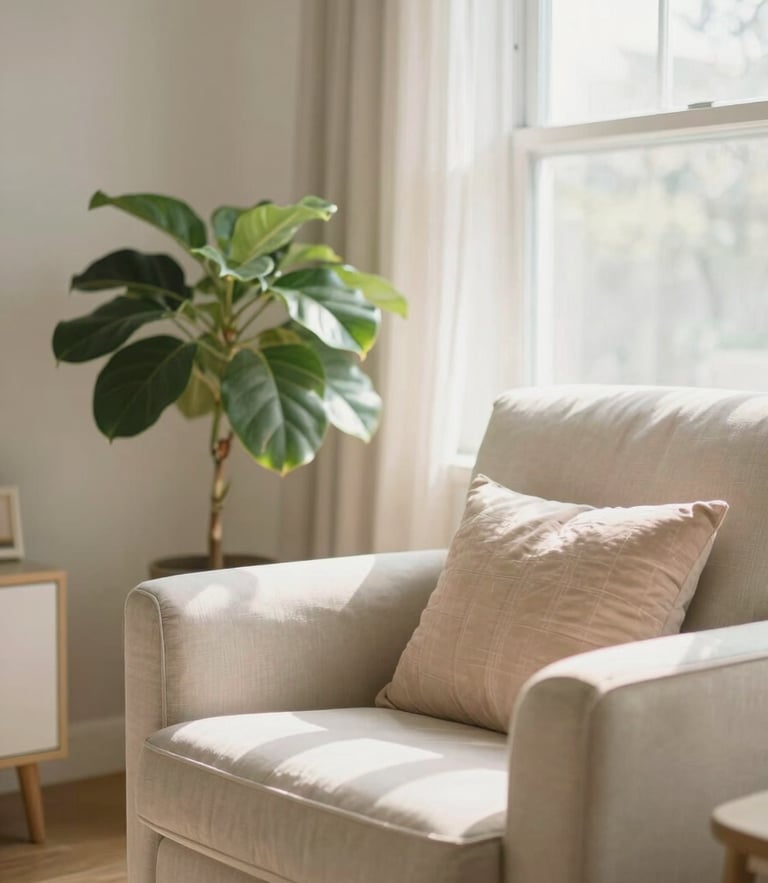 A bright sunlit Cedar Rapids living room with soft morning window light, a comfortable armchair, and a blooming houseplant, warm pastel tones.