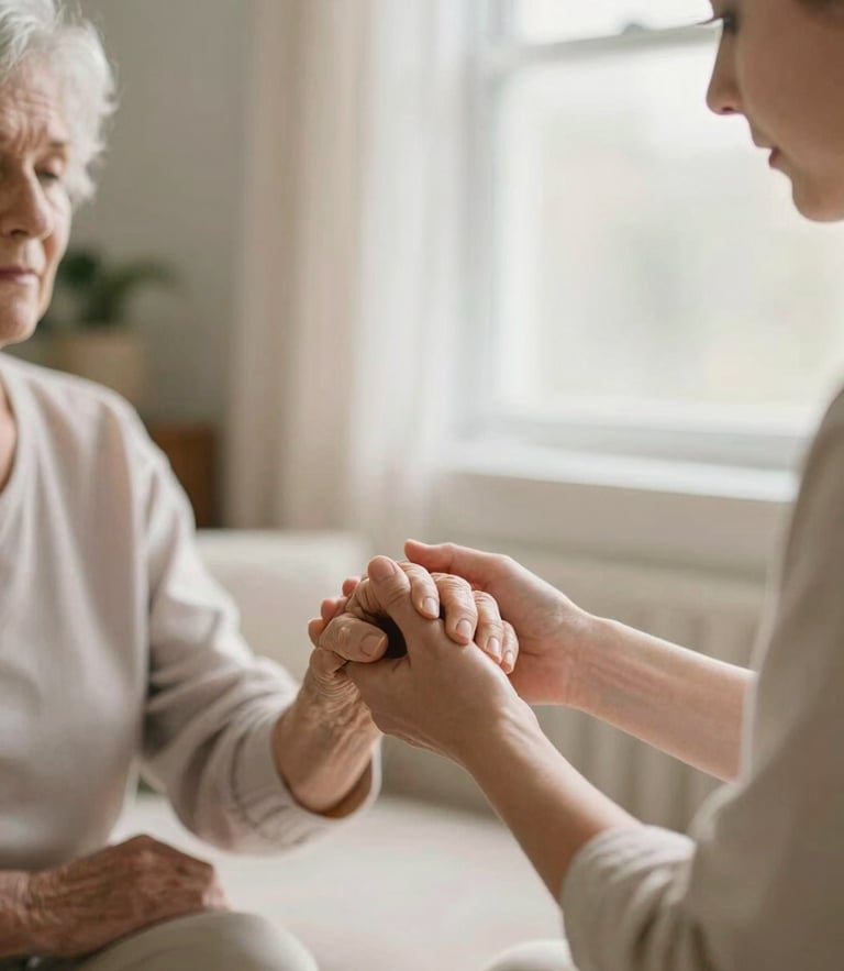 Soft morning window light illuminating a cozy living room, a caregiver gently holding a senior woman's hand, warm pastel tones, shallow depth of field, 35mm film style.