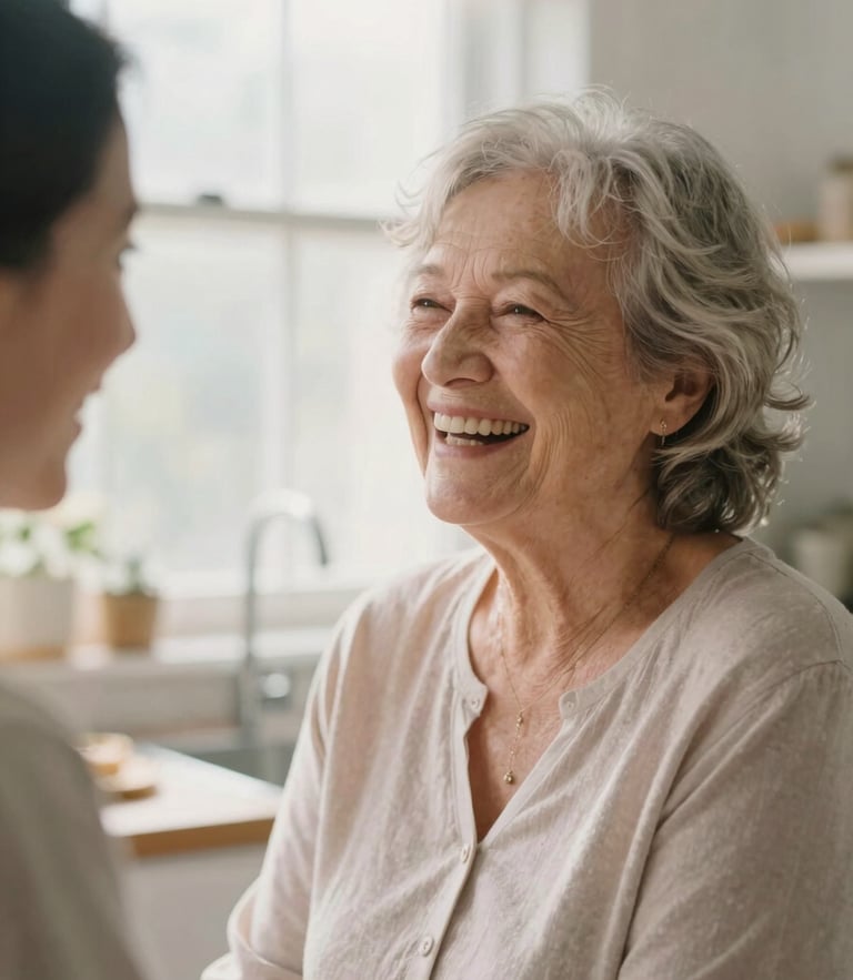 A smiling senior woman laughing with a warm caregiver in a sunlit kitchen, soft morning window light, pastel tones, 35mm film style