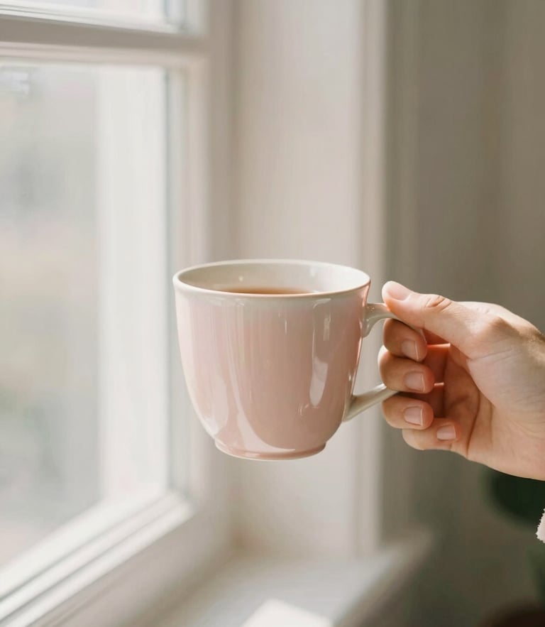 Soft morning window light illuminating a cozy sunroom, a gentle hand holding a warm ceramic tea mug, pastel tones, shallow depth of field
