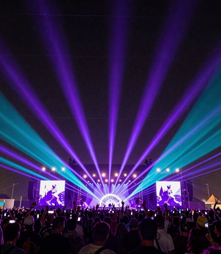 Wide panoramic shot of a massive music festival crowd at night, silhouetted against intense electric violet and turquoise stage lasers, clean technical grid overlay.