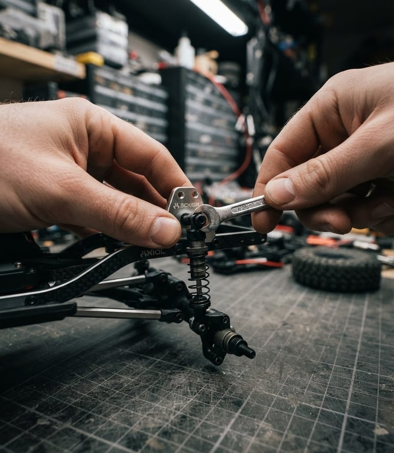 Hands holding a wrench tightening a shock mount on an axial crawler chassis, high contrast overhead workshop lighting, dark grey cutting mat.
