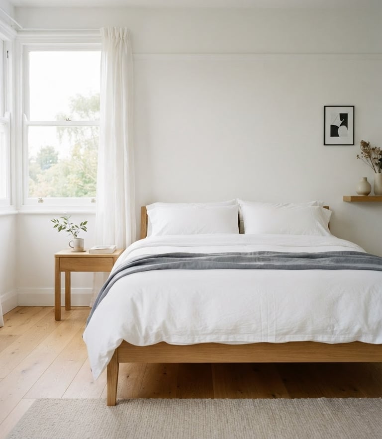 Bright airy interior photography of a bedroom with meticulously arranged crisp white linens on a bed, soft natural daylight streaming through a window, minimalist aesthetic, 35mm